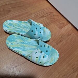 CROCS Aqua and Lime Slide Sandals